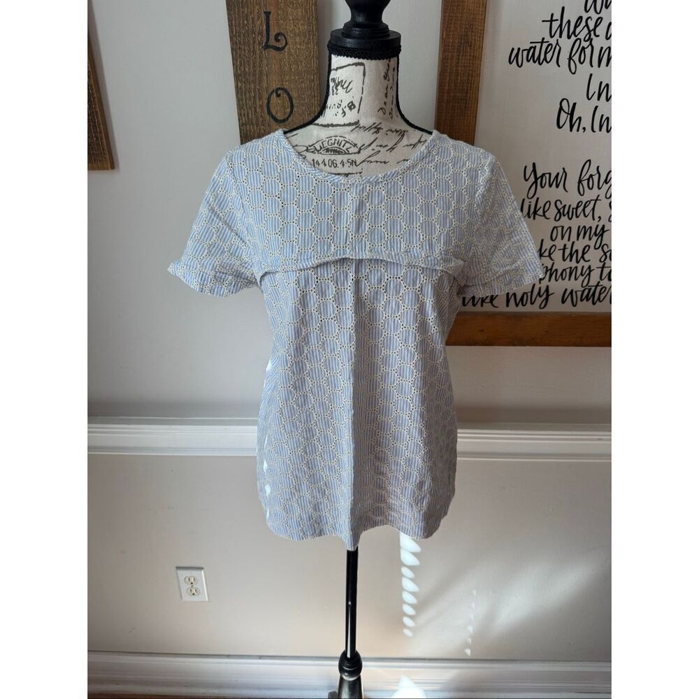 J. Crew Women's Seersucker Eyelet Lace Short Sleeve Blouse Top Blue White Size 6